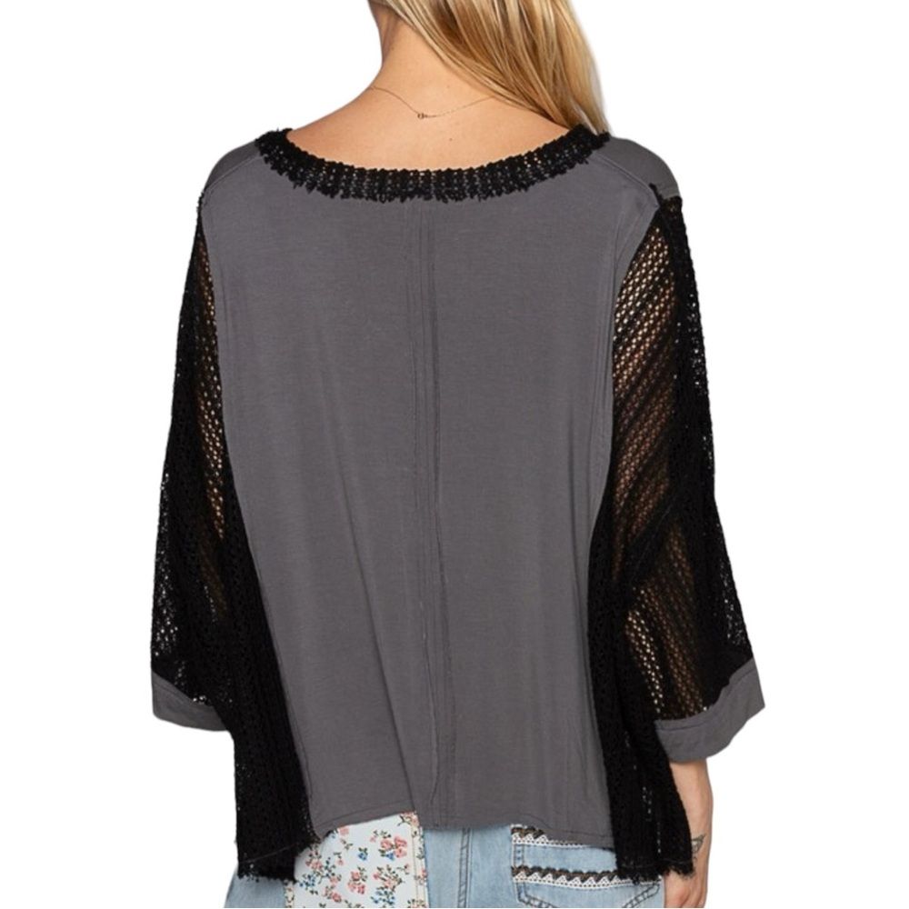 POL Gray Mixed-Media V-Neck Top with Floral Accent - Picture 3 of 3